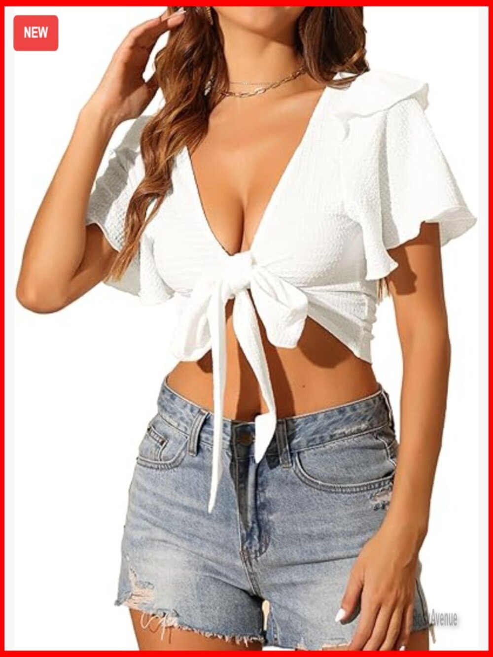 Textured Bell Sleeve Tie Front Crop Top Deep V Neck Boho